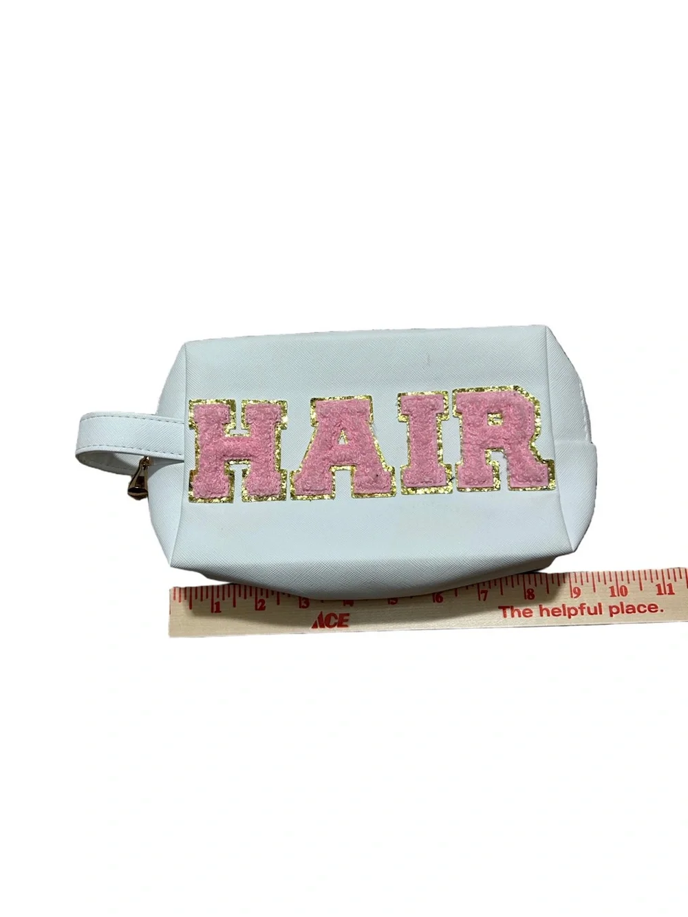 White Hair Travel Pouch with Pink Lettering